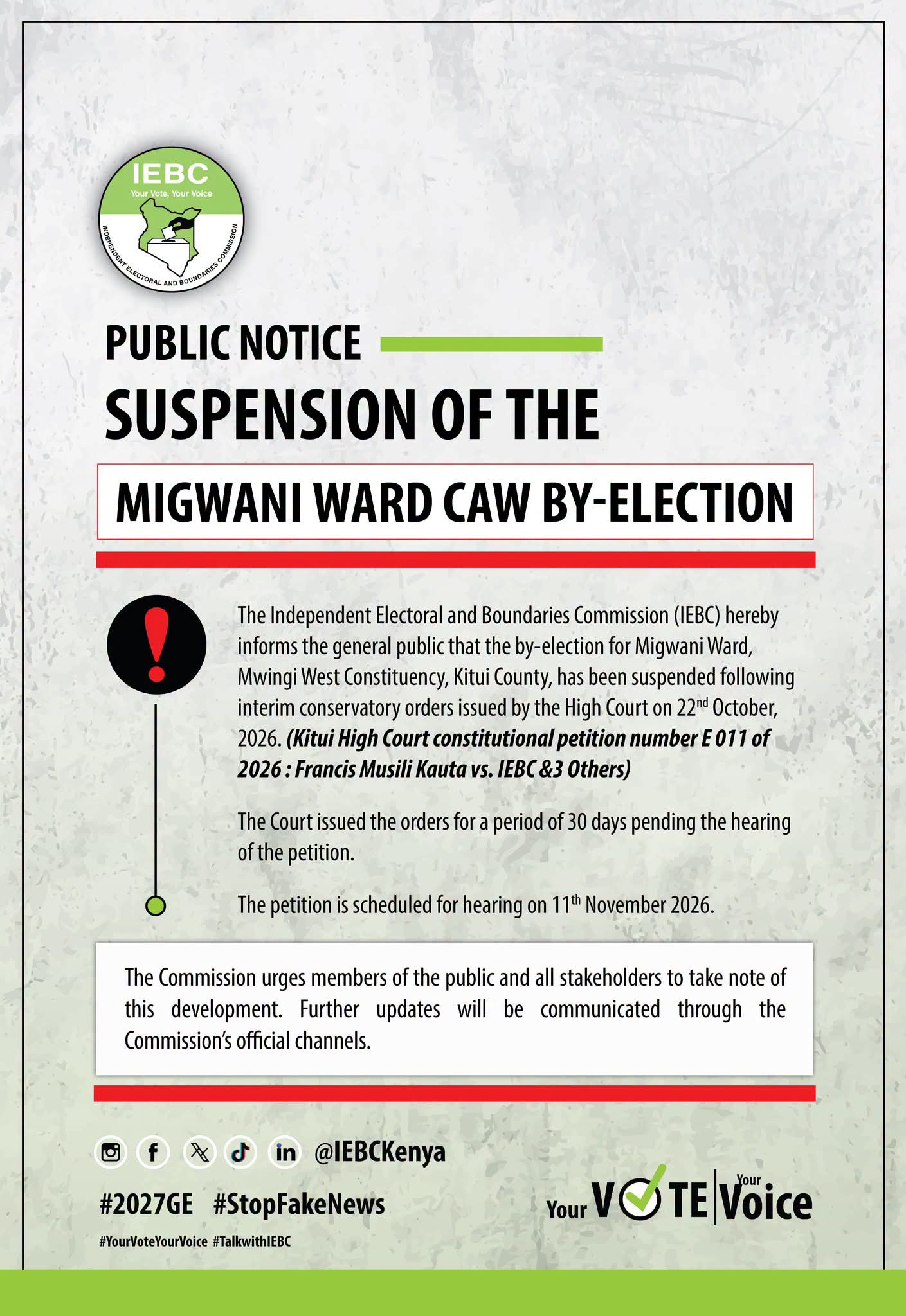 IEBC Suspends Migwani Ward By-Election Following High Court Orders